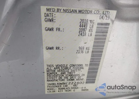 2019 Nissan Altima 2.5 Sv z USA, uszkodzony, nr VIN 1N4BL4DW8KC222802